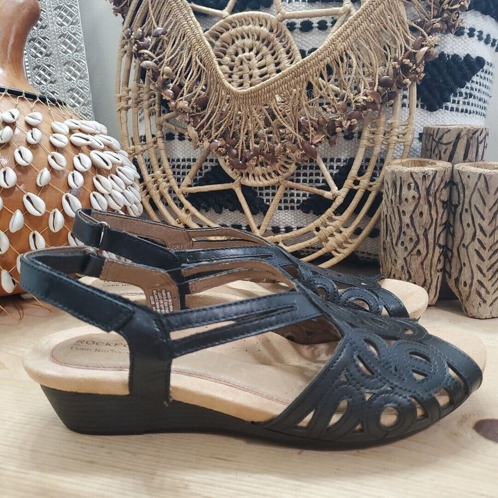 Rockport Cobb Hill Helen Womens 10N Low Wedge Sandal Slingback Leather Black EUC